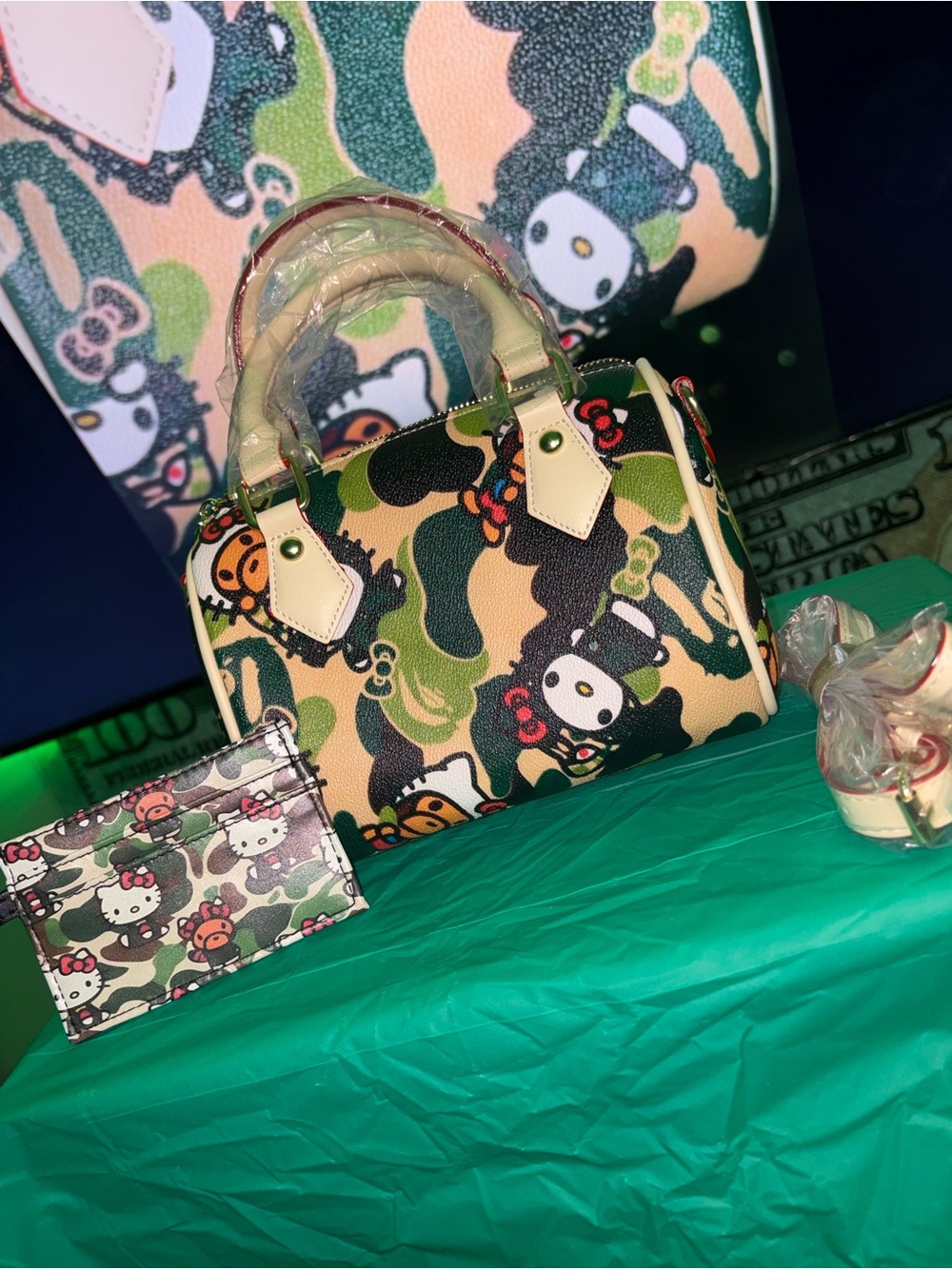 Hello Kitty Camouflage Dome Satchel Bag - Multi/Green and wallet